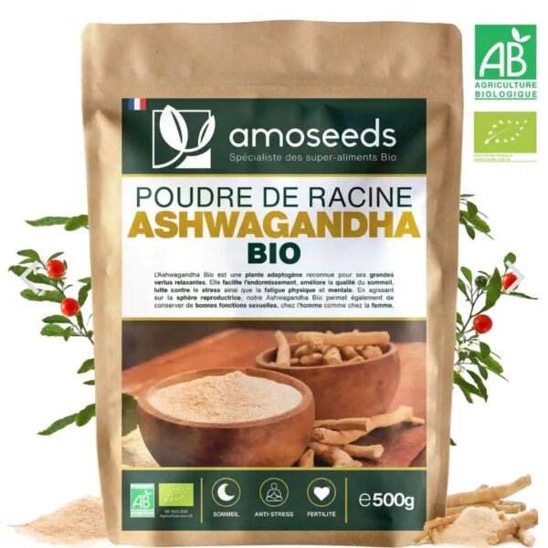 ASHWAGANDHA EN POUDRE BIO 500G amoseeds marque française spécialiste des super-aliments Bio