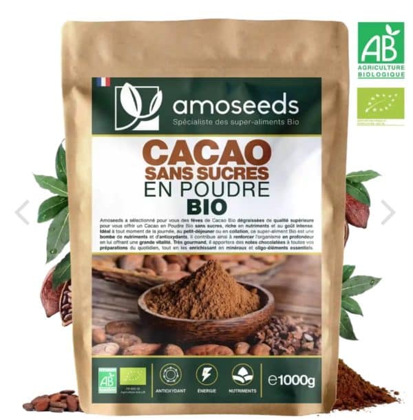 CACAO SANS SUCRE EN POUDRE BIO 1KG amoseeds marque française spécialiste des super-aliments Bio