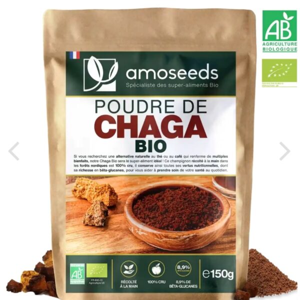 POUDRE DE CHAGA BIO 150G amoseeds marque française spécialiste des super-aliments Bio