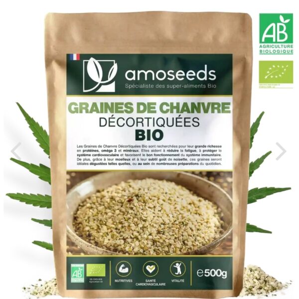 GRAINES DE CHANVRE DÉCORTIQUÉES BIO 500G amoseeds marque française spécialiste des super-aliments Bio