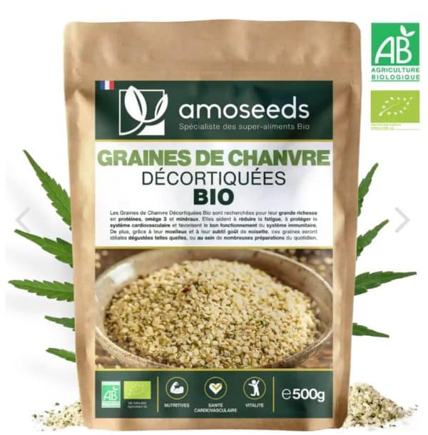 GRAINES DE CHANVRE DÉCORTIQUÉES BIO 500G amoseeds marque française spécialiste des super-aliments Bio