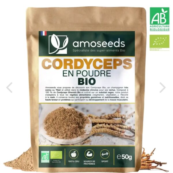 CORDYCEPS EN POUDRE BIO 50G amoseeds marque française spécialiste des super-aliments Bio