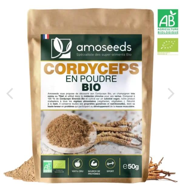 CORDYCEPS EN POUDRE BIO 50G amoseeds marque française spécialiste des super-aliments Bio