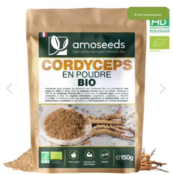 CORDYCEPS EN POUDRE BIO 150G amoseeds marque française spécialiste des super-aliments Bio