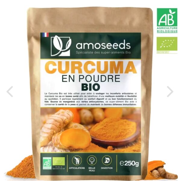CURCUMA EN POUDRE BIO 250G amoseeds marque française spécialiste des super-aliments Bio