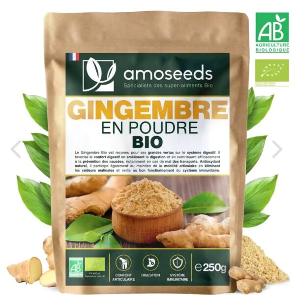 GINGEMBRE EN POUDRE BIO 250G amoseeds marque française spécialiste des super-aliments Bio
