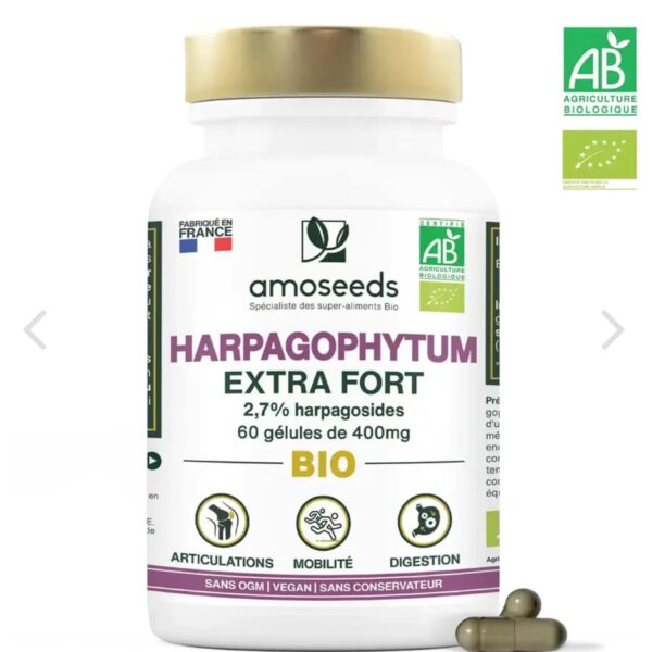 HARPAGOPHYTUM BIO, EXTRA FORT, 2,7% HARPAGOSIDES | 60 GÉLULES amoseeds marque française spécialiste des super-aliments Bio