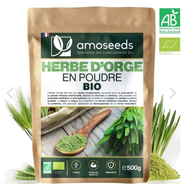 HERBE D'ORGE EN POUDRE BIO 500G amoseeds marque française spécialiste des super-aliments Bio