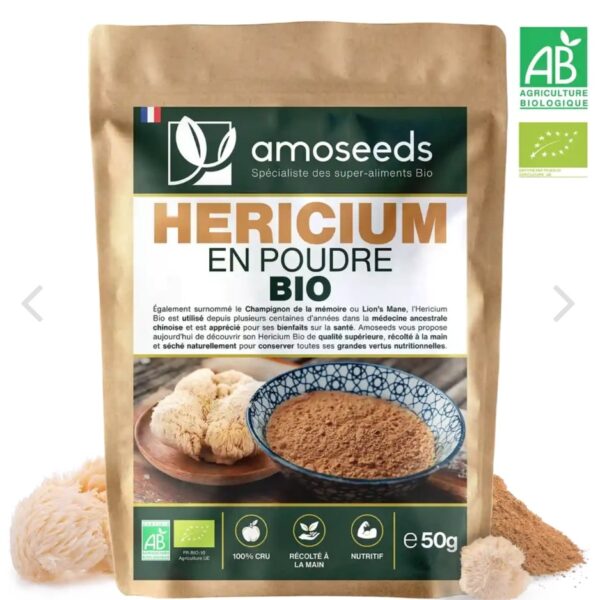 HERICIUM EN POUDRE BIO 50G amoseeds marque française spécialiste des super-aliments Bio