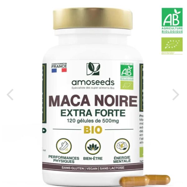 MACA NOIRE BIO, EXTRA FORTE | 120 GÉLULES amoseeds marque française spécialiste des super-aliments Bio