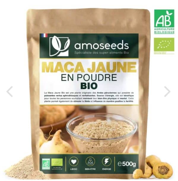 MACA JAUNE EN POUDRE BIO 500G amoseeds marque française spécialiste des super-aliments Bio