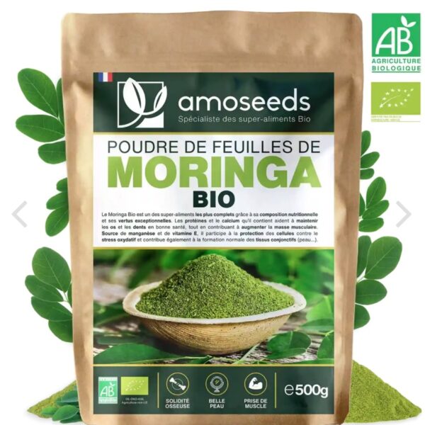 POUDRE DE MORINGA BIO 500G amoseeds marque française spécialiste des super-aliments Bio