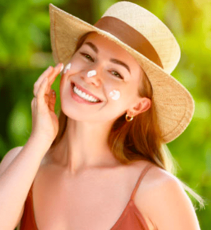 Femme appliquant de la crème solaire pour le visage, routine layering