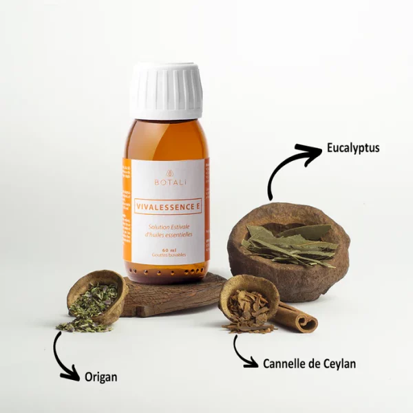 Compléments alimentaires aux huiles essentielles saines et naturelles pour l'été. Composés d'eucalyptus, cannelle et origan