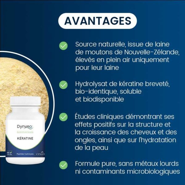 Les avantages de la Kératine en compléments alimentaires sont nombreux, c'est une source naturelle de protéines. dynveo laboratoire français